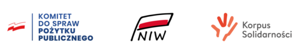 logo Komitet do Spraw Pożytku Publicznego, logo Narodowy Instytut Wolności – Centrum Rozwoju Społeczeństwa Obywatelskiego , logo Korpusu Solidarności – Rządowego Programu Wspierania i Rozwoju Wolontariatu Systematycznego na lata 2018-2030