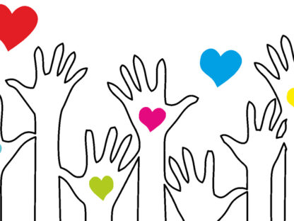 grafika wolontariat - rysunek wielu chętnych do pomocy dłoni i kolorowe serca